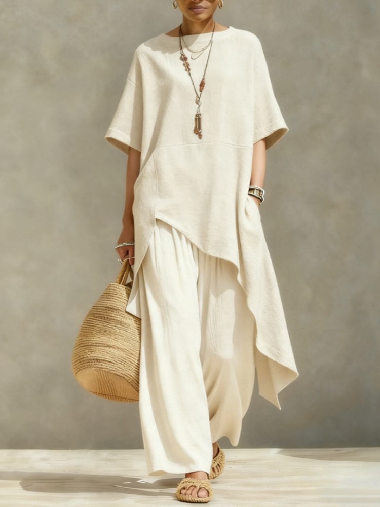 Linen Pant Wide - ชุดเซ็ตผ้าฝ้ายลินินสำหรับผู้หญิง 2 ชิ้น เสื้อครึ่งแขนทรงหลวมแบบไม่สมมาตร กางเกงขายาวเอวยางยืดทรงขากว้าง