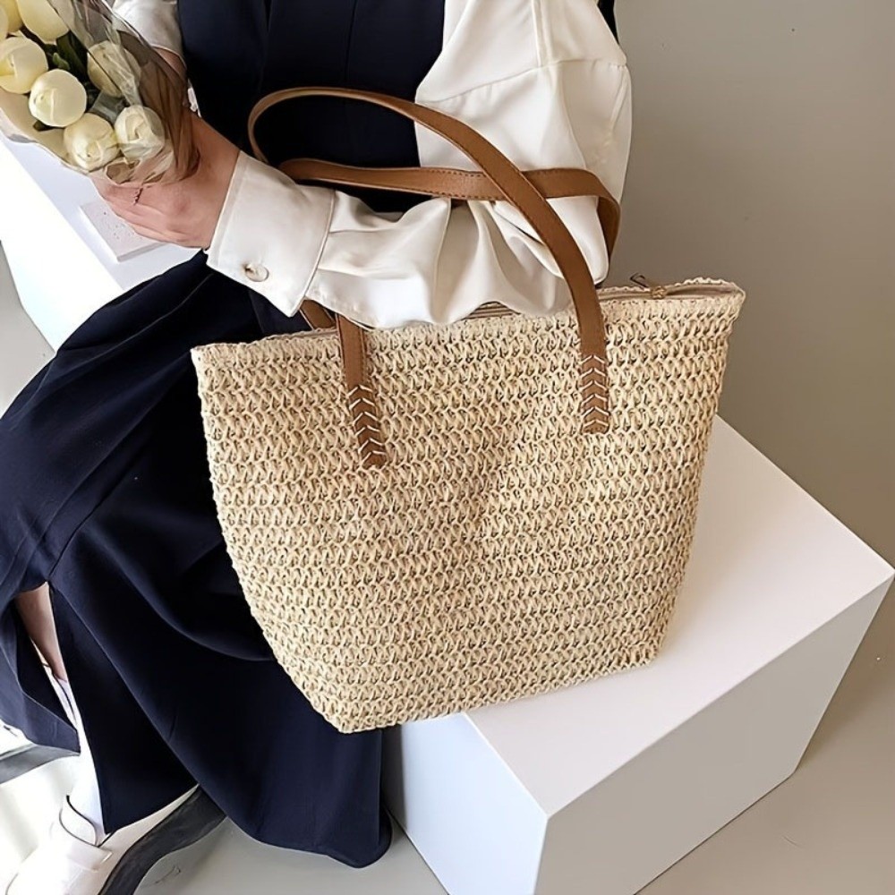 Tote Bag Beach - กระเป๋าถือสานสีพื้นแฟชั่น กระเป๋าสะพายไหล่ทรงสี่เหลี่ยมมีซิป กระเป๋าชายหาดขนาดใหญ่ กระเป๋าถือสานราฟเฟียสำหรับฤดูใบไม้ผลิ