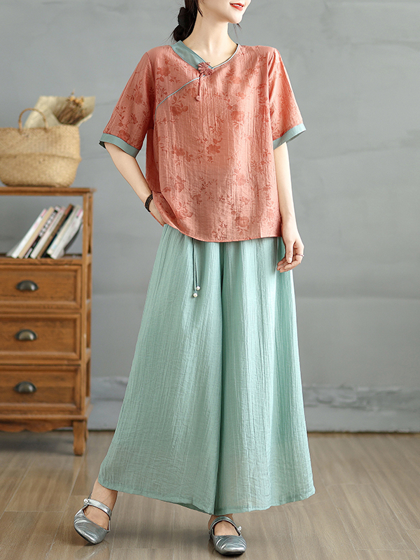 Linen Pant Wide - ชุดเซ็ตสองชิ้น เสื้อคอวีแขนสั้นผ้าลินินผสมไหมพิมพ์ลายดอกไม้สไตล์จีน กางเกงขายาวทรงกว้าง สำหรับผู้หญิง ใส่สบาย ระบายอากาศได้ดี