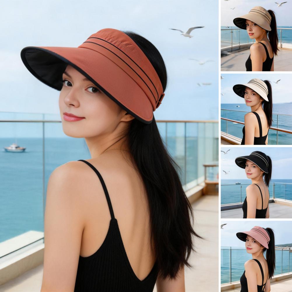 Hat Floppy Wide - หมวกกันแดดสำหรับผู้หญิงพร้อมรูสำหรับรวบผม หมวกปีกกว้าง หมวกป้องกันรังสียูวีสำหรับฤดูร้อน ชายหาด วันหยุด เดินป่า