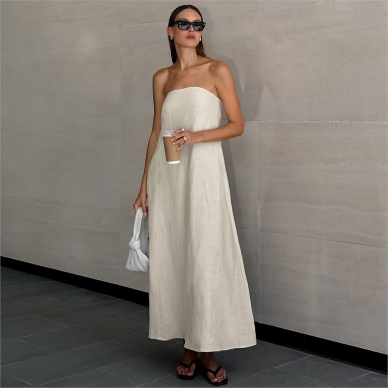 Linen Dress Wrap - แฟชั่นElegant Simple Design Straplessผ้าฝ้ายลินินชุดยาวผู้หญิงฤดูร้อนA-Line Backless Wrapหน้าอกMaxi
