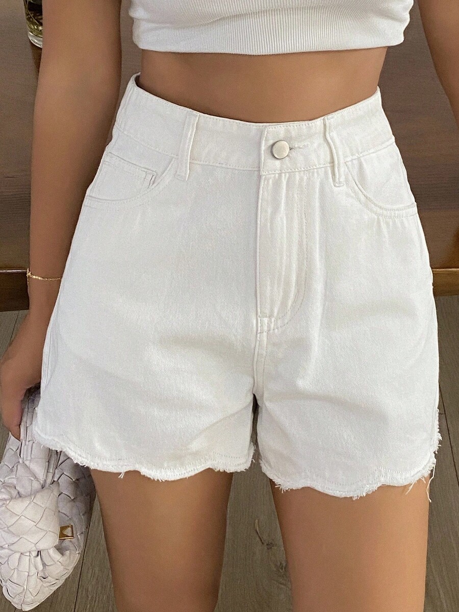 Shorts Denim Frayed - กางเกงยีนส์ขาสั้นลำลองสำหรับผู้หญิง ทรงหลวม เอวสูง ขอบรุ่ย สำหรับฤดูร้อน