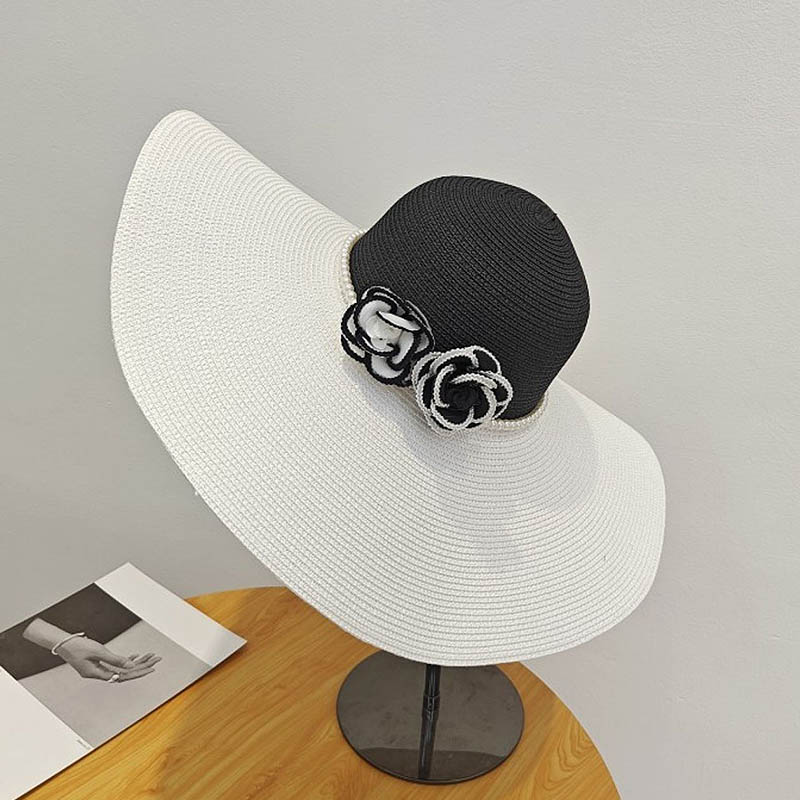 Hat Floppy Wide - หมวกหน้าร้อนปีกกว้างสองโทนสำหรับผู้หญิงหมวกปีกกว้างไข่มุกหมวกบังแดดหมวกหน้าร้อนดอกไม้คู่สำหรับผู้หญิงหมวกชายหาดวันหยุด