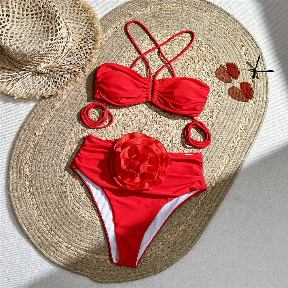 Swimsuit Bikini Ruched - เซ็กซี่สีแดง 3D ดอกไม้ชุดว่ายน้ํา Halter Bandeau ชุดบิกินี่สูงชุดว่ายน้ํา