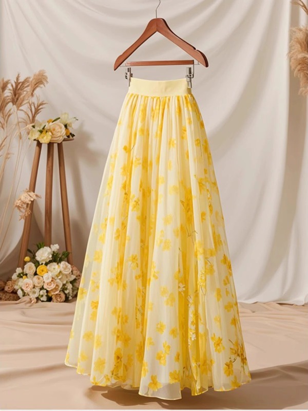 Midi Skirt Floral - กระโปรงทรงเอเอวสูงสีเหลืองลายดอกไม้พิมพ์ลายตาข่าย ดีไซน์สวยหรูสำหรับผู้หญิง สไตล์ลำลอง ประจำฤดูร้อนปี 2026