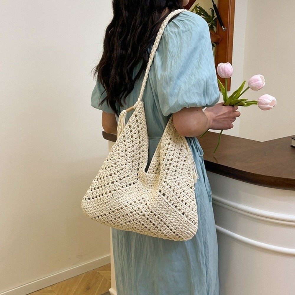 Tote Bag Beach - กระเป๋าถือสะพายไหล่สไตล์โบฮีเมียนสำหรับฤดูร้อน ถักทอด้วยด้ายฝ้ายสีพื้น กระเป๋าโท้ทโครเชต์แบบโปร่ง ความจุเยอะ กระเป๋าถือสานสำหรับไปทะเล