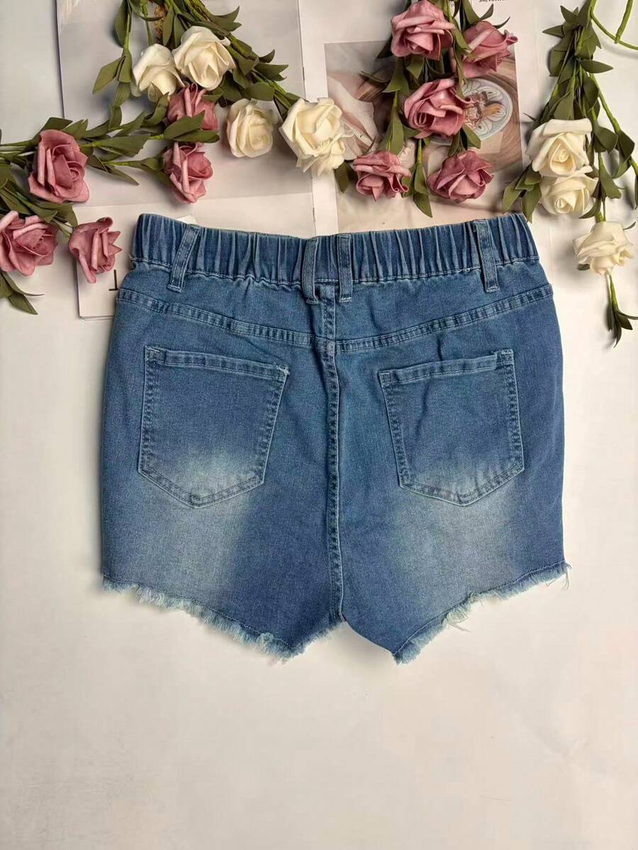 Shorts Denim Frayed - กางเกงขาสั้นผ้ายีนส์เอวยางยืดสำหรับผู้หญิง แต่งชายรุ่ย สไตล์ลำลอง ใส่สบายสำหรับฤดูร้อน