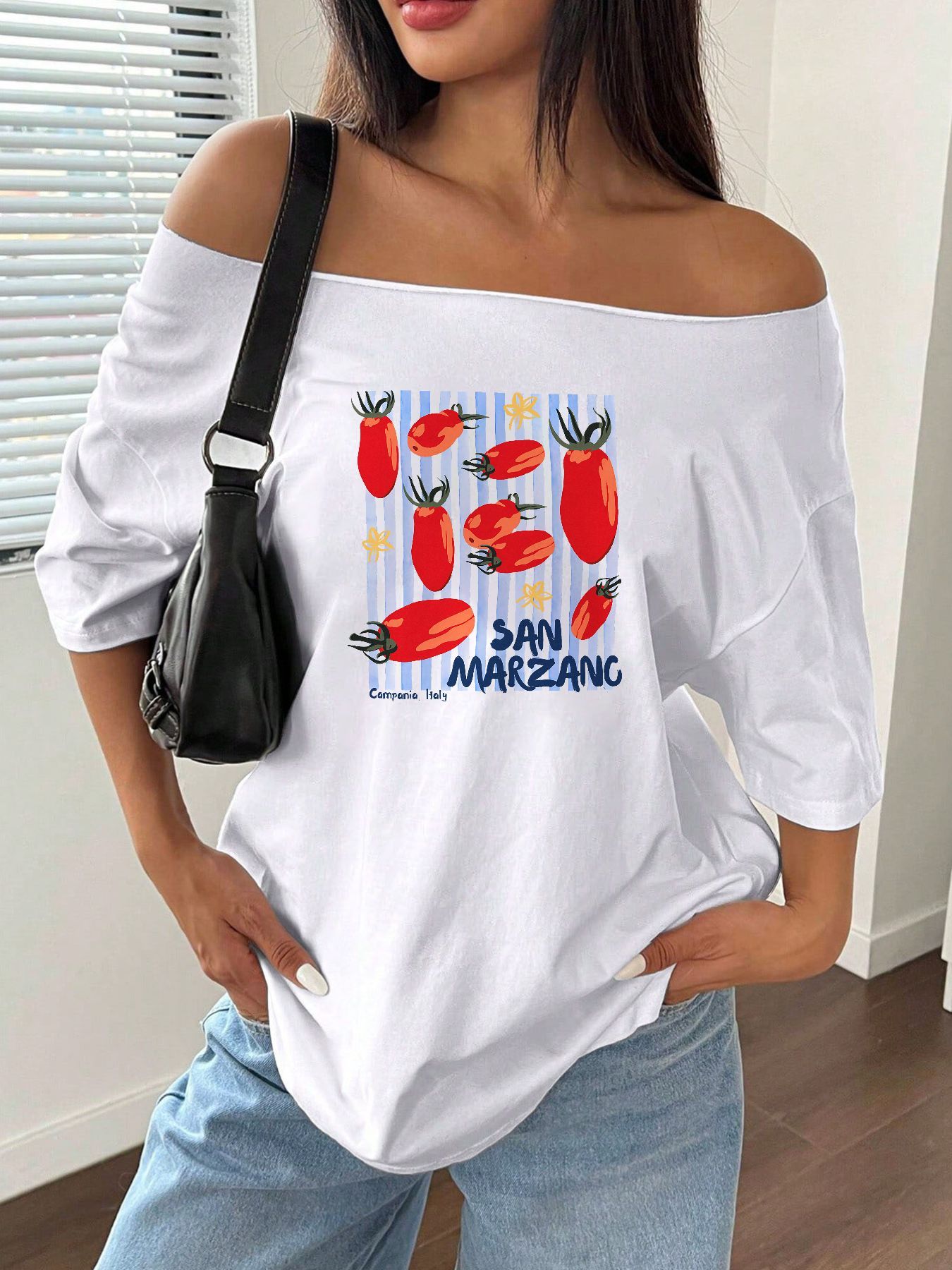 Blouse Off Shoulder - เสื้อยืดโอเวอร์ไซส์พิมพ์ลายมะเขือเทศซาน มาร์ซาโน ผ้าฝ้าย 100% ทรงหลวม สไตล์