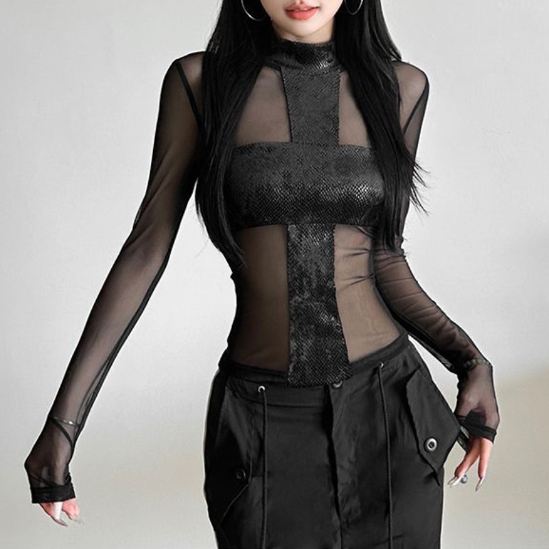 Blouse Off Shoulder - สไตล์อเมริกันตาข่ายแขนยาวเสื้อยืดหญิงปิดไหล่เซ็กซี่ต่ําตัด One Piece Tops Serpentine Cross
