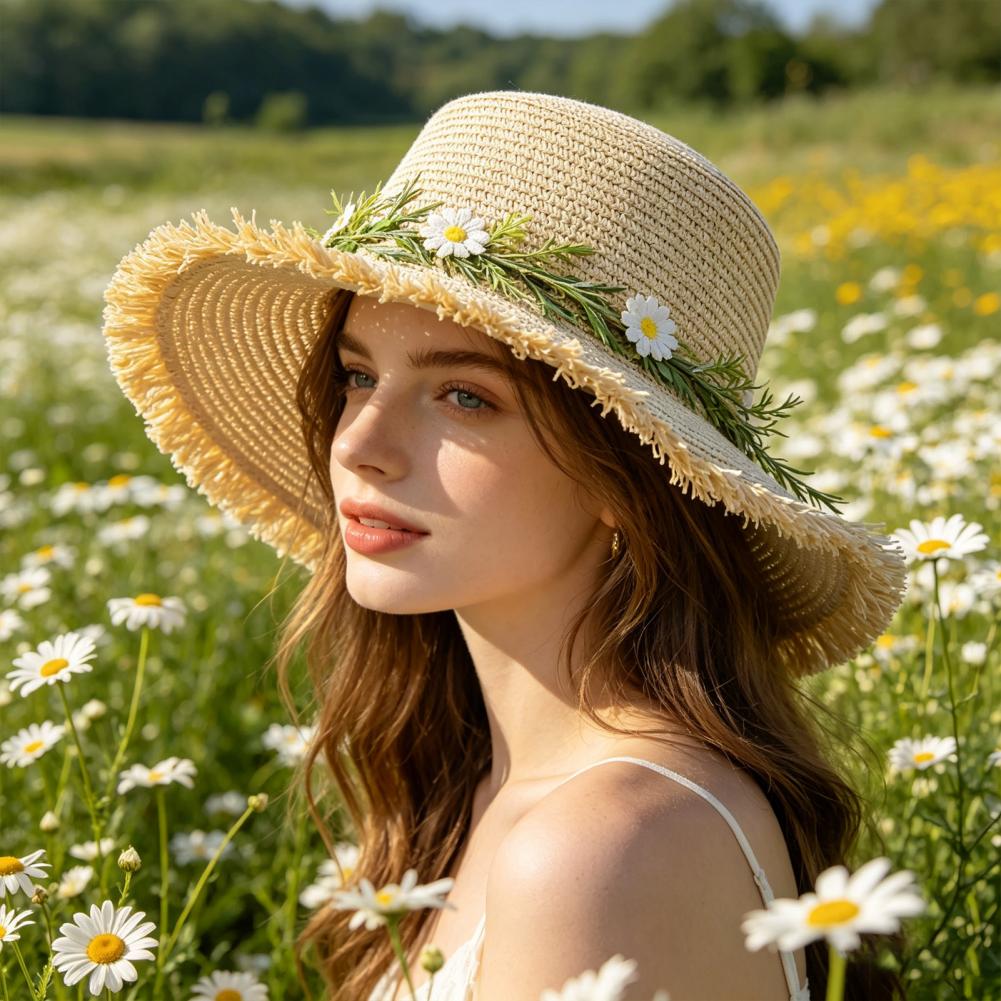 Hat Floppy Wide - หมวกกันแดด หมวกฟางปีกกว้างพร้อมพวงมาลัยดอกเบญจมาศ - หมวกเดินทางชายหาดฤดูร้อนน้ำหนักเบาระบายอากาศได้ดีสำหรับผู้หญิง