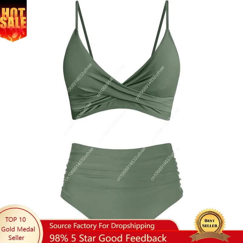 Swimsuit Bikini Ruched - ชุดบิกินี่เอวสูงสำหรับผู้หญิง แบบดันทรง ด้านหน้ามีดีไซน์บิดเกลียว สายสปาเก็ตตี้ พร้อมดีเทลจับจีบ ชุดว่ายน้ำสองชิ้น