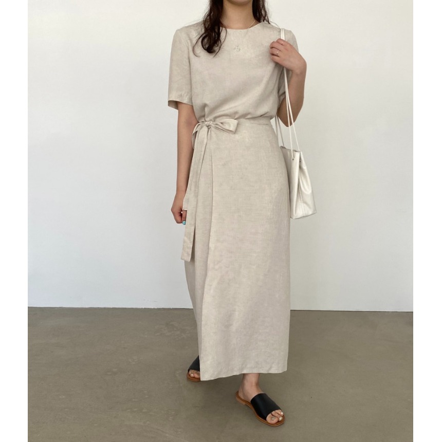 Linen Dress Wrap - ชุดเดรสผ้าฝ้ายลินินแบบพันตัว ดีไซน์หรูหรา พร้อมเข็มขัด แขนสั้น สไตล์ลำลอง แฟชั่นฤดูร้อน