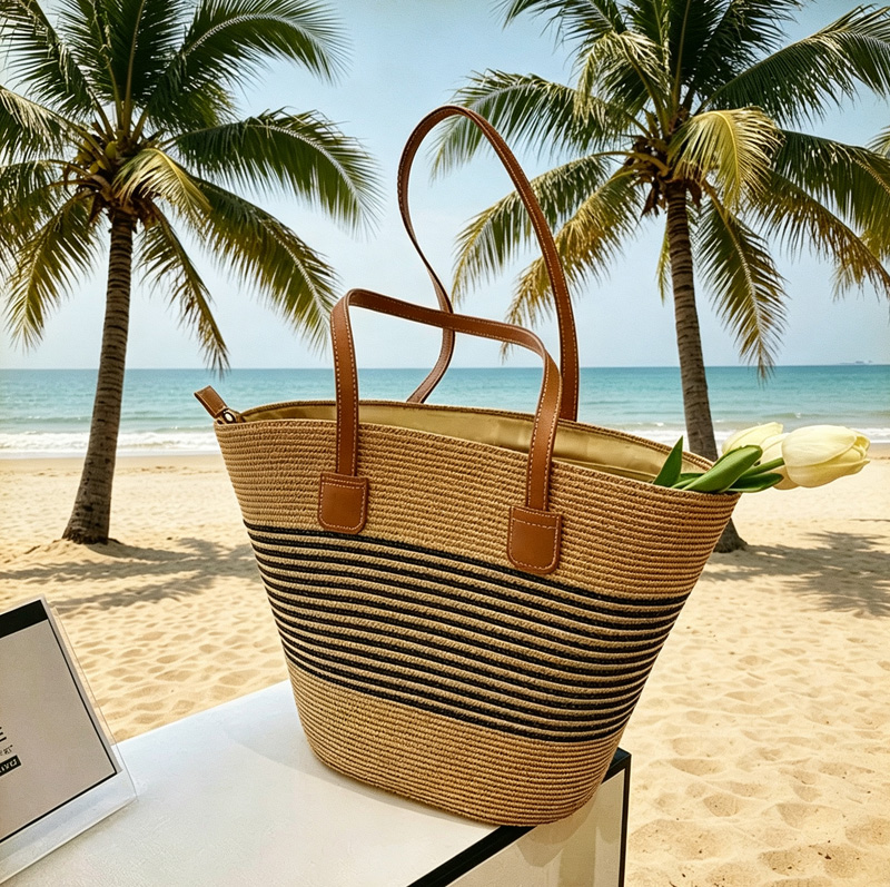 Tote Bag Beach - CLAREGQI กระเป๋าโท้ทลายทางสำหรับผู้หญิง, กระเป๋าชายหาดแบบทอความจุขนาดใหญ่, กระเป๋าสะพายลำลองพร้อมหูจับหนัง PU, กระเป๋าฤดูร้อน