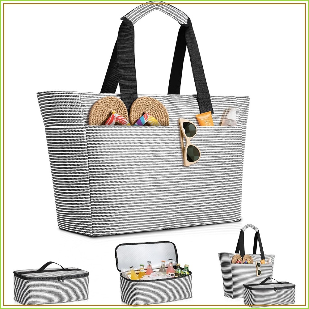 Tote Bag Beach - กระเป๋าชายหาดกันน้ำ 45 ลิตร และชุดกระเป๋าเก็บความเย็น, กระเป๋าพับได้ขนาด XXL