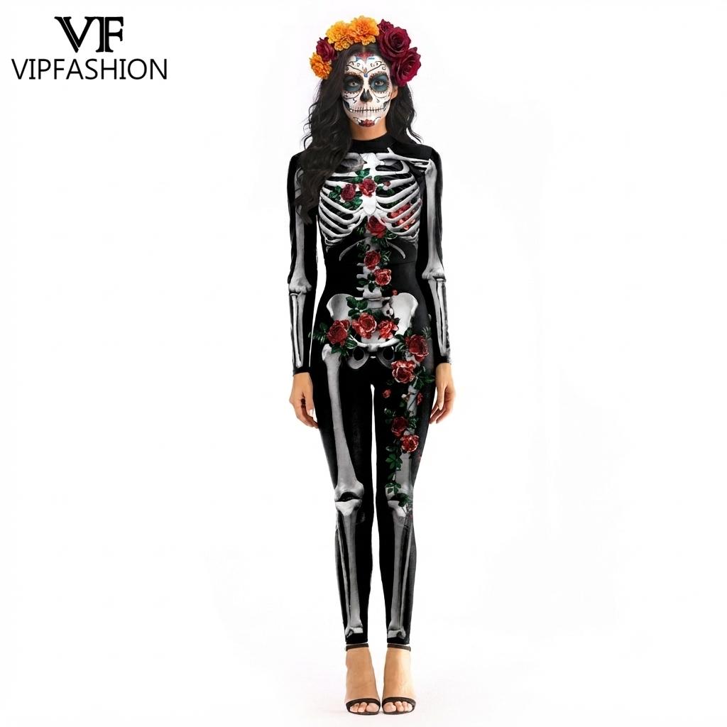 Romper Floral Print - ชุดคอสตูมวันฮาโลวีนสำหรับผู้หญิง VIP FASHION ลายโครงกระดูกสีทองพิมพ์ลายดอกไม้ ชุดบอดี้สูทสำหรับงานคาร์นิวัล ปาร์ตี้