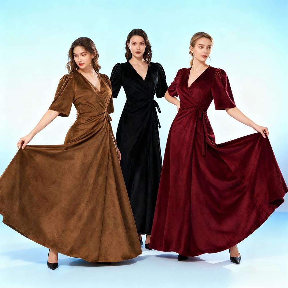 Linen Dress Wrap - ชุดเดรสกำมะหยี่สีพื้นแบบพันรอบคอวีทรงเข้ารูปสำหรับผู้หญิง สไตล์ยุคกลาง เหมาะสำหรับการแสดงบนเวที แขนเจ็ดส่วน วัสดุอื่นๆ สำหรับฤดูใบไม้ร่วง