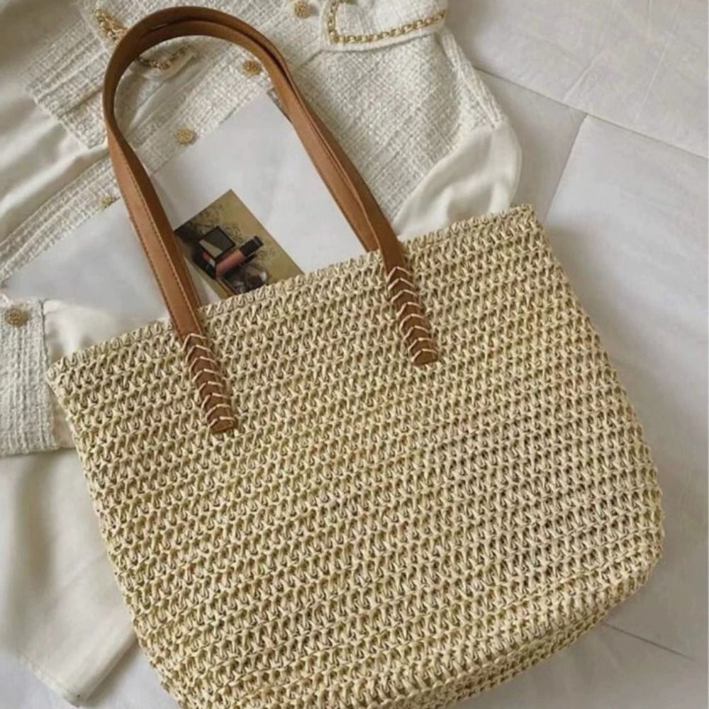 Tote Bag Beach - กระเป๋าถือสานสีพื้นน่ารัก ทรงสี่เหลี่ยม กระเป๋าชายหาดสไตล์โบฮีเมียน กระเป๋าสะพายไหล่แบบมีซิป ทำจากวัสดุราฟเฟีย เหมาะสำหรับการช้อปปิ้ง