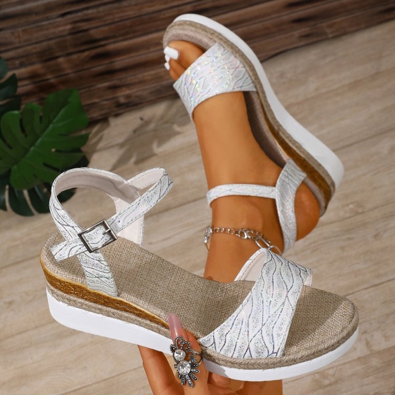 Wedge Espadrille Women - รองเท้าส้นเตารีดแบบรัดข้อเท้าสำหรับผู้หญิง สีขาว ส้นสูง ประดับประกายวิบวับ สไตล์เอสพาดริล เหมาะสำหรับฤดูร้อน