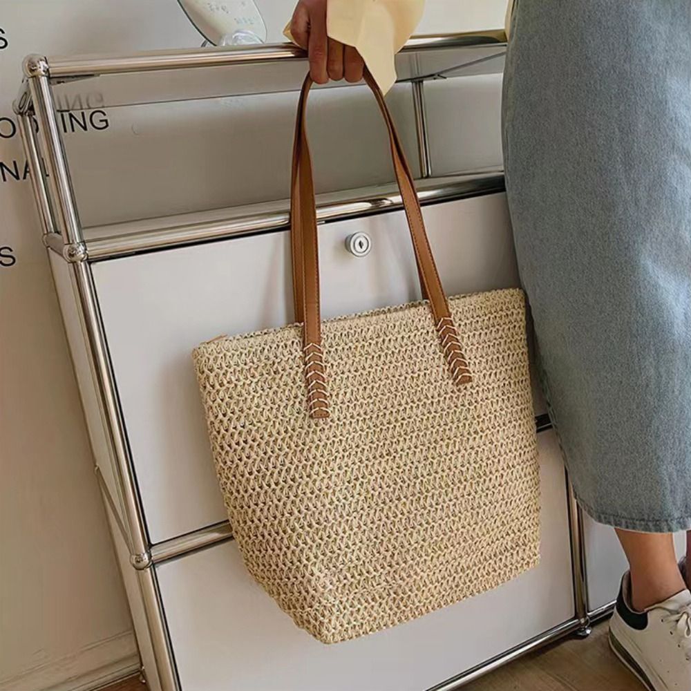 กระเป๋าถือสานสีพื้นแฟชั่น กระเ - Tote Bag Beach บทวิจารณ์และราคา