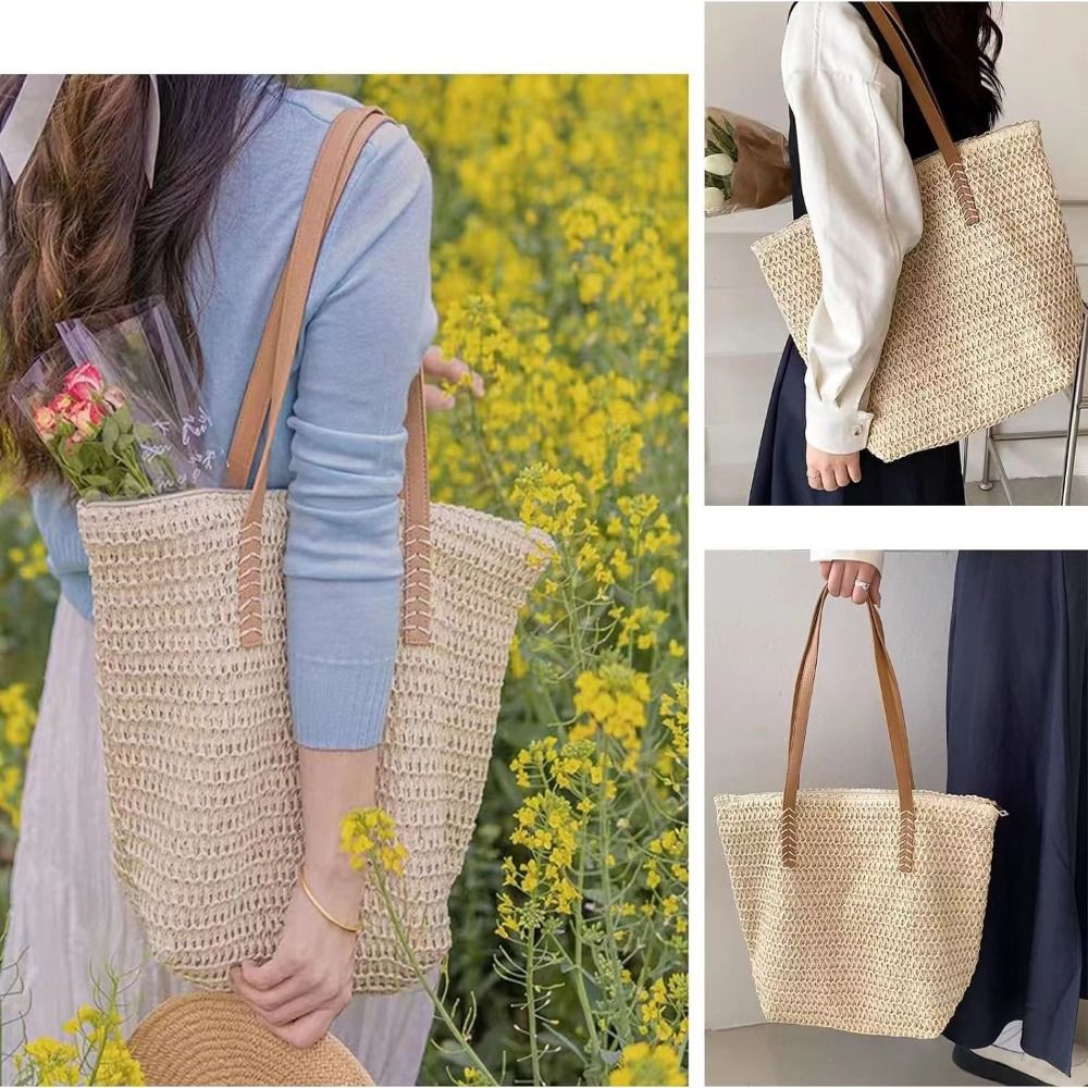 กระเป๋าถือสานสีพื้นแฟชั่น กระเ - Tote Bag Beach บทวิจารณ์และราคา