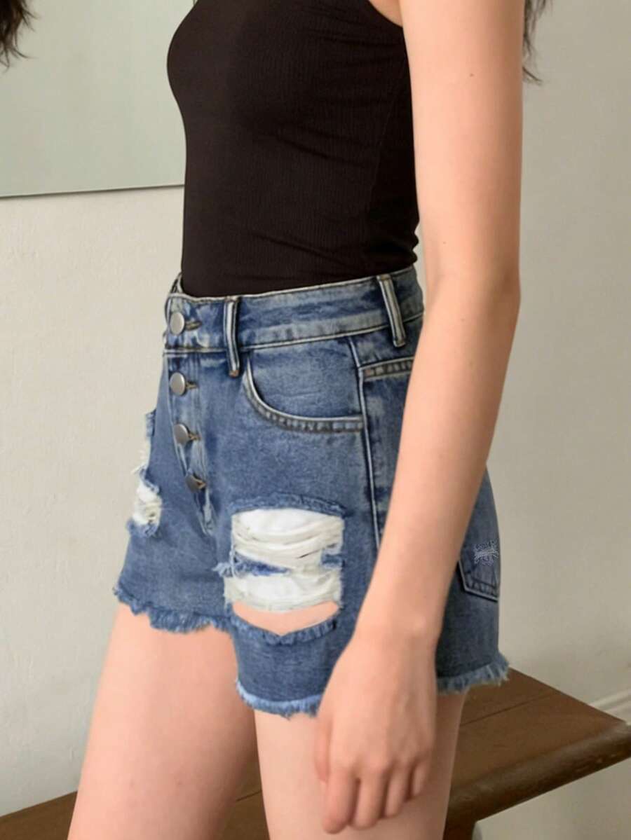 กางเกงยีนส์ขาสั้นเอวกลางสำหรับ - Shorts Denim Frayed บทวิจารณ์และราคา
