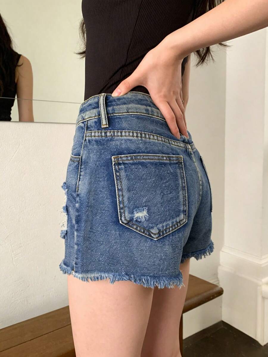 กางเกงยีนส์ขาสั้นเอวกลางสำหรับ - Shorts Denim Frayed บทวิจารณ์และราคา