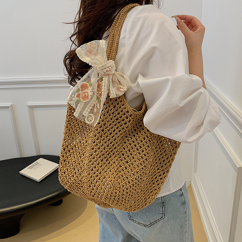 กระเป๋าโท้ทลายลูกไม้ประดับโบว์ - Crochet Bag Raffia บทวิจารณ์และราคา