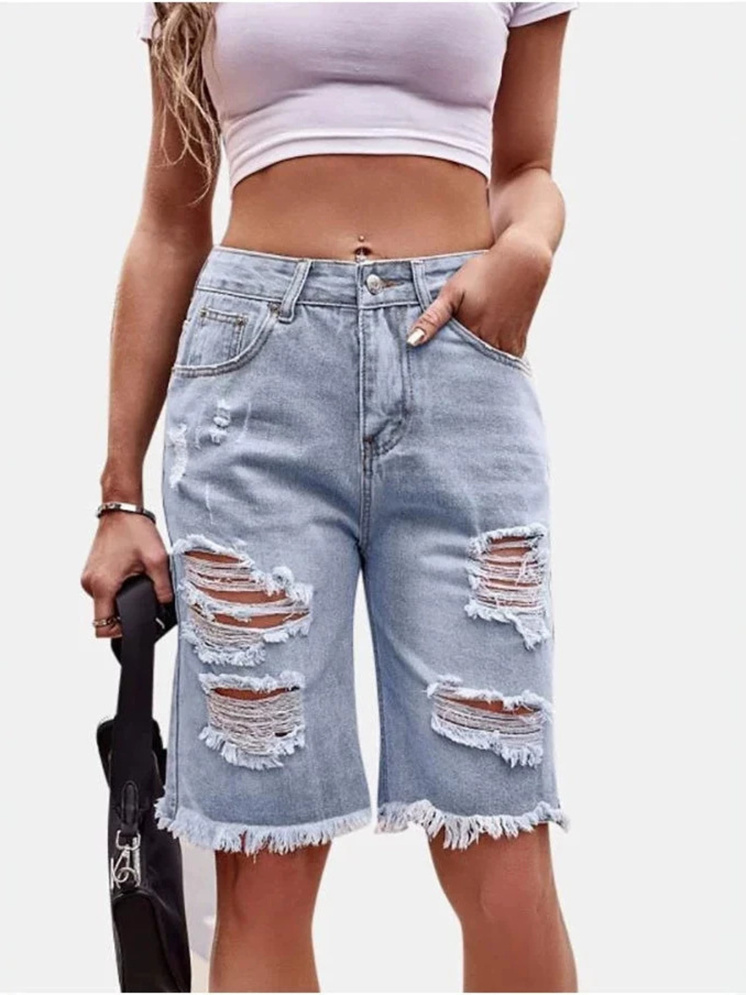 กางเกงยีนส์ขาสั้นเอวสูงสำหรับผ - Shorts Denim Frayed บทวิจารณ์และราคา