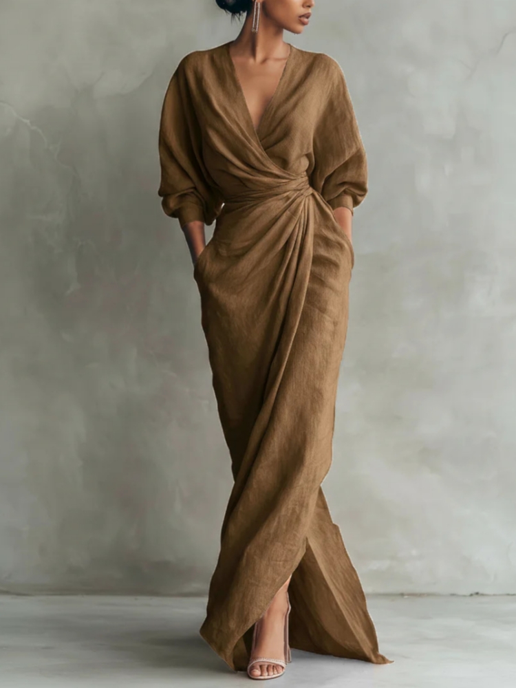 เดรสยาวผ้าลินินผสมสำหรับผู้หญิ - Linen Dress Wrap บทวิจารณ์และราคา