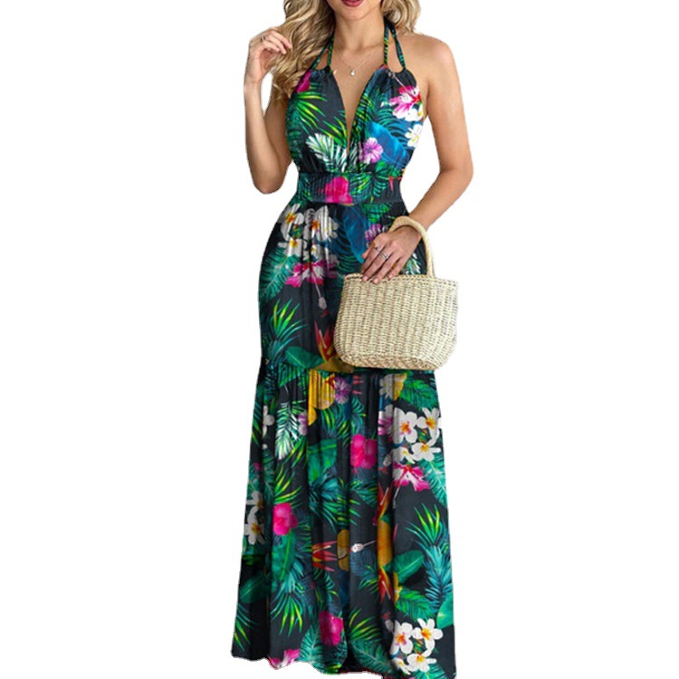 เดรสยาวลายดอกไม้ เปิดหลัง สำหร - Maxi Dress Halter บทวิจารณ์และราคา
