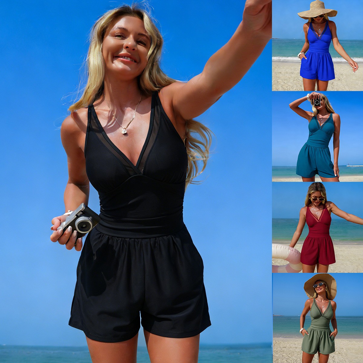 ชุดว่ายน้ำสีดำล้วนแบบไม่มีแขน  - Swimsuit Bikini Ruched บทวิจารณ์และราคา