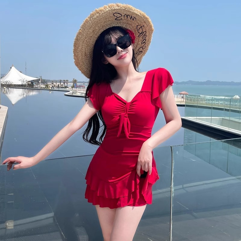 ชุดว่ายน้ำวันพีซคอวีสีแดงสำหรั - Swimsuit Bikini Ruched บทวิจารณ์และราคา