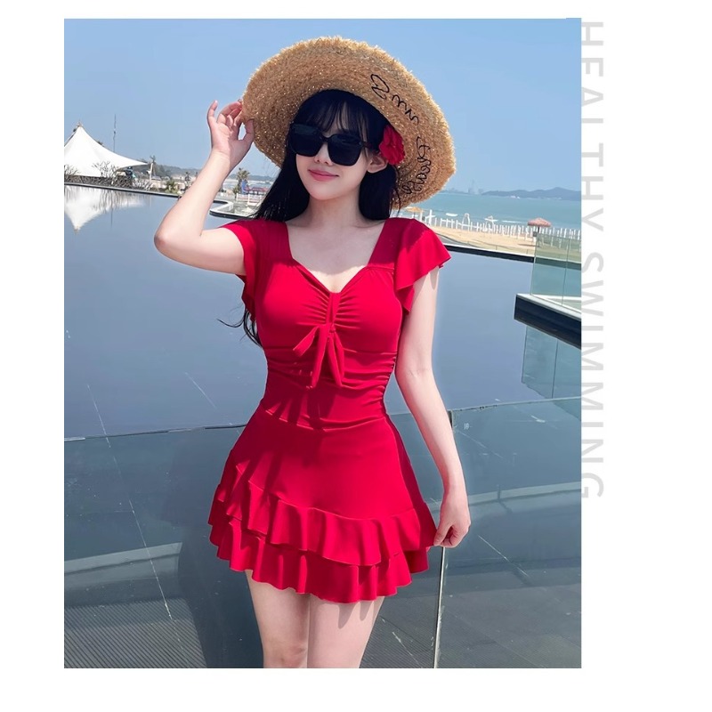 ชุดว่ายน้ำวันพีซคอวีสีแดงสำหรั - Swimsuit Bikini Ruched บทวิจารณ์และราคา