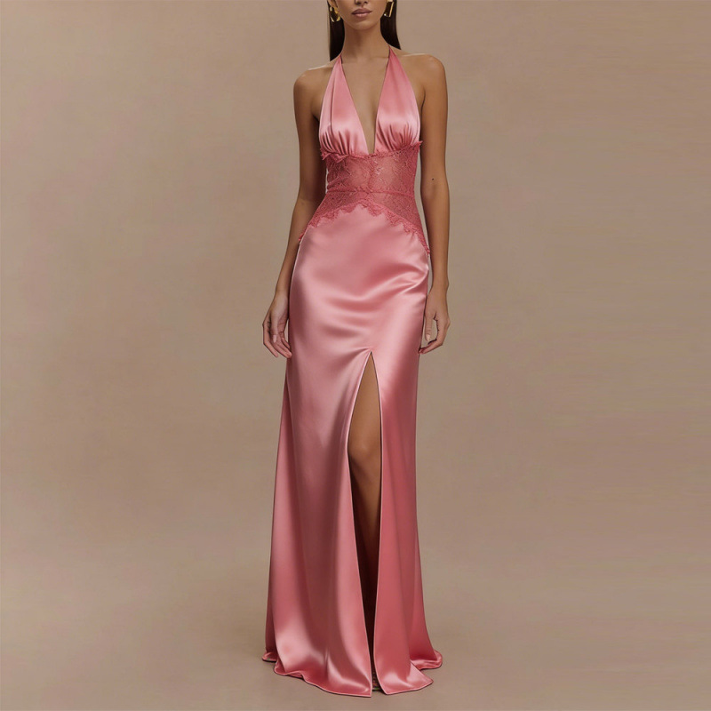 เดรสยาวเปิดหลังแบบผูกคอ สีชมพู - Maxi Dress Halter บทวิจารณ์และราคา