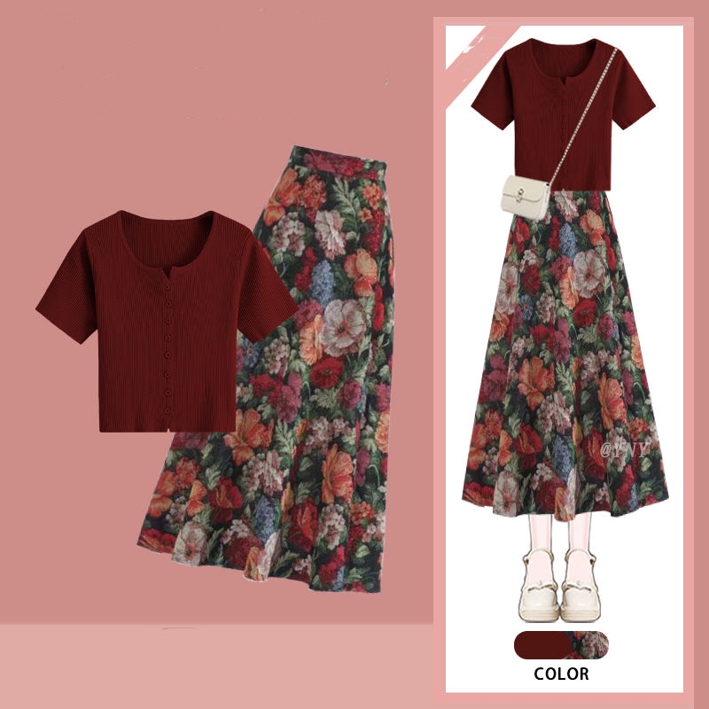 ผู้หญิง Lucky ไวน์แดงเสื้อยืดก - Midi Skirt Floral บทวิจารณ์และราคา