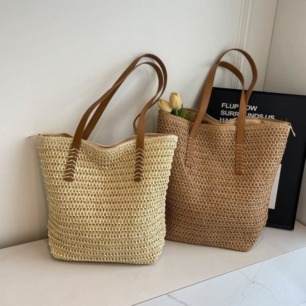 กระเป๋าถือสานสีพื้นน่ารัก ทรงส - Tote Bag Beach บทวิจารณ์และราคา